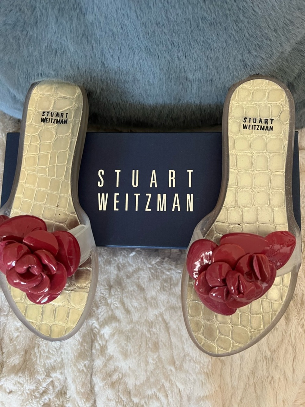 Stuart Weitzman Fuschia Floral Patent Slide Sandals